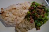 Almond-Crusted Grey Barred Cod with Broad Bean Salad & Eggplant mash