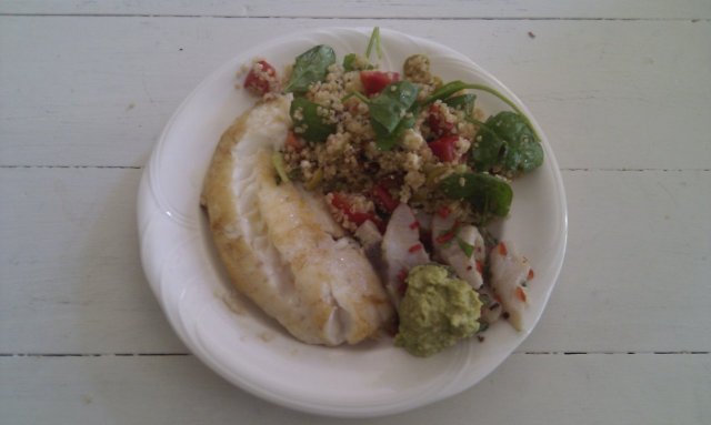 Pan-fried Baldy, YTK Ceviche and quinoa salad