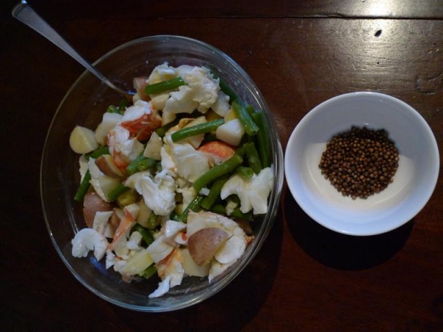 Crayfish Salad with Beans, Potato, Lemon Pulp and Roasted Corriander seeds.