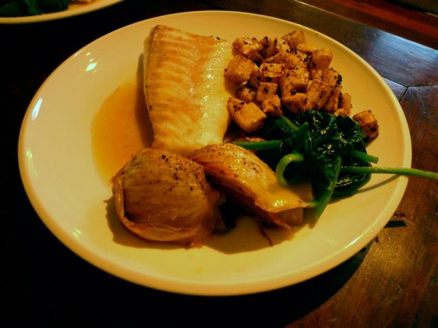 Oven-baked Dhufish with citrus sauce, baked celeriac, braised fennel and steamed spinach. Oven-baked Dhufish with citrus sauce, baked celeriac, braised fennel and steamed spinach.