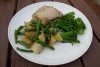 Yeah more of that fried fish, with broccolini, beans and potato!