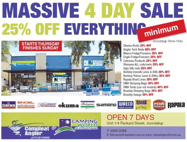 Compleat Angler + Camping World Joondalup - MASSIVE 4 DAY SALE